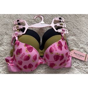 3 Pack Juicy Couture Sexy Push Up Bra Size 34B Strawberries Green Black NEW